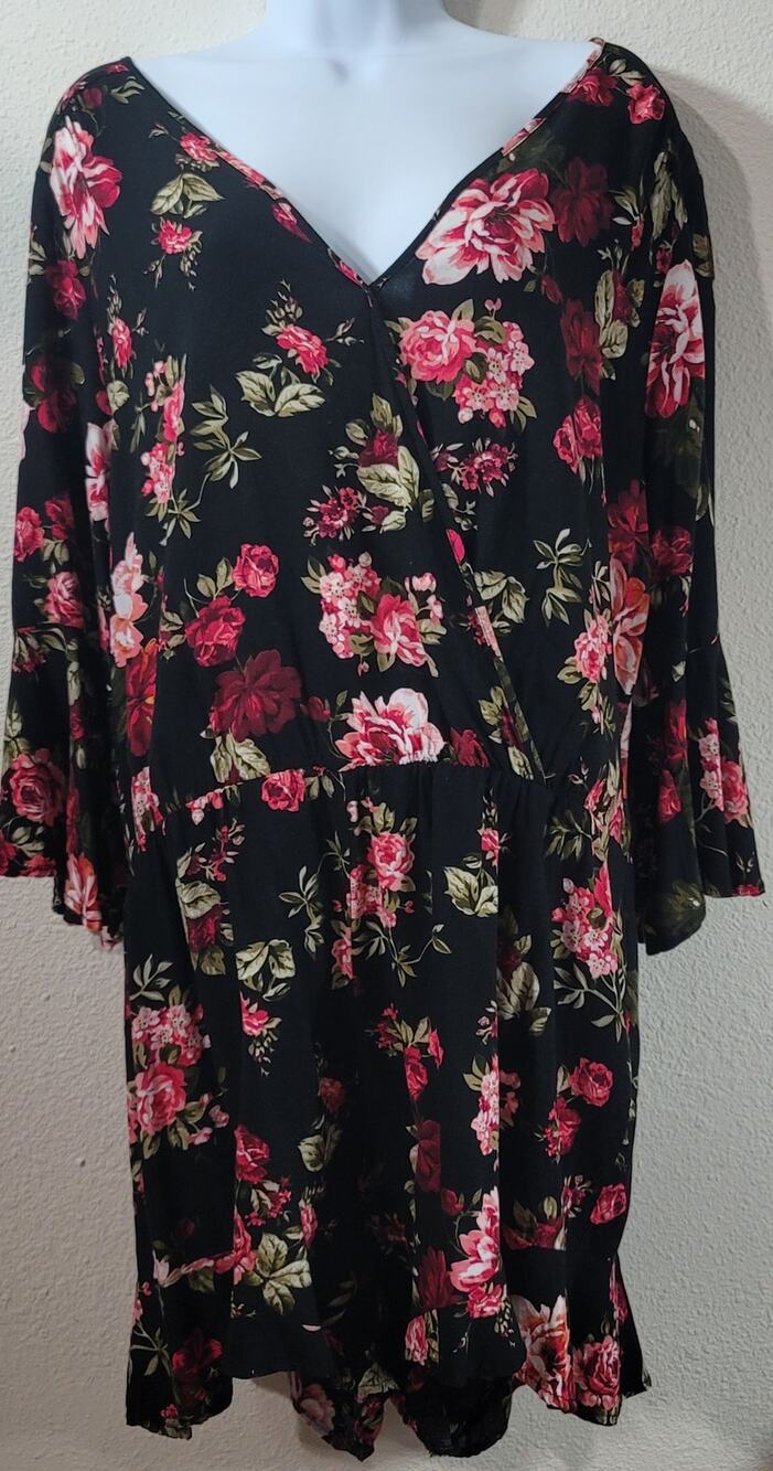 Ambiance Black Pink Red Flora Print Romper 3X Plus Ruffle Bell Sleeves Soft